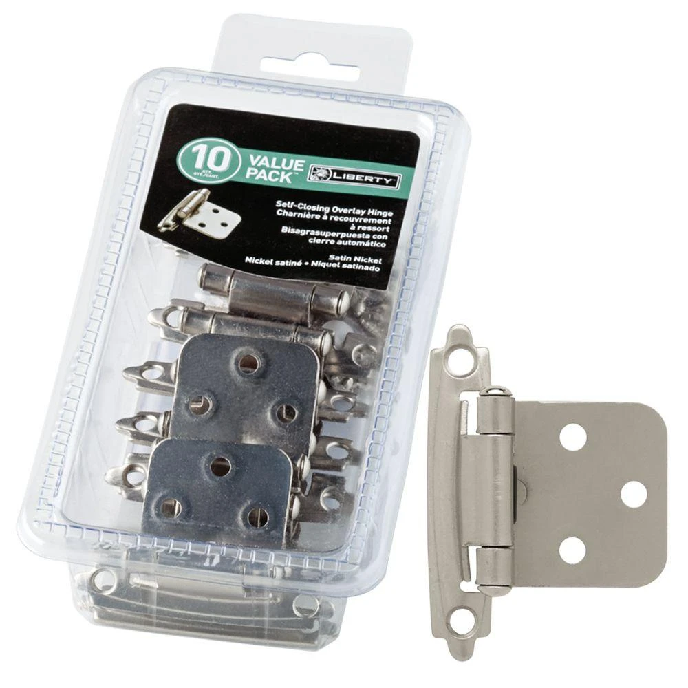 Self-Closing Overlay Cabinet Hinges, Satin Nickel, 10-Pk.