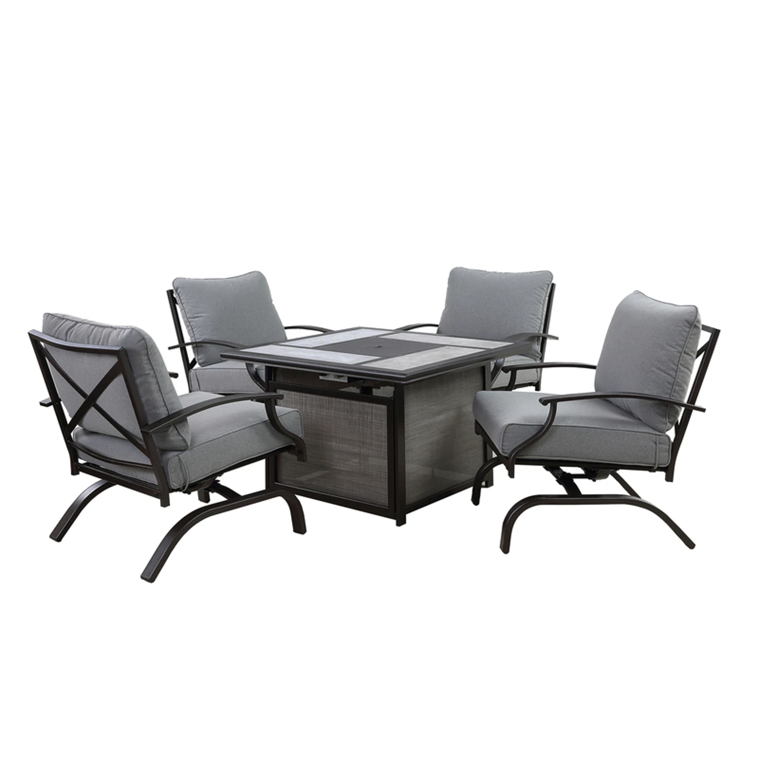 Canzo 5 Piece Black Steel Fire Pit Set With Gray Cushions
