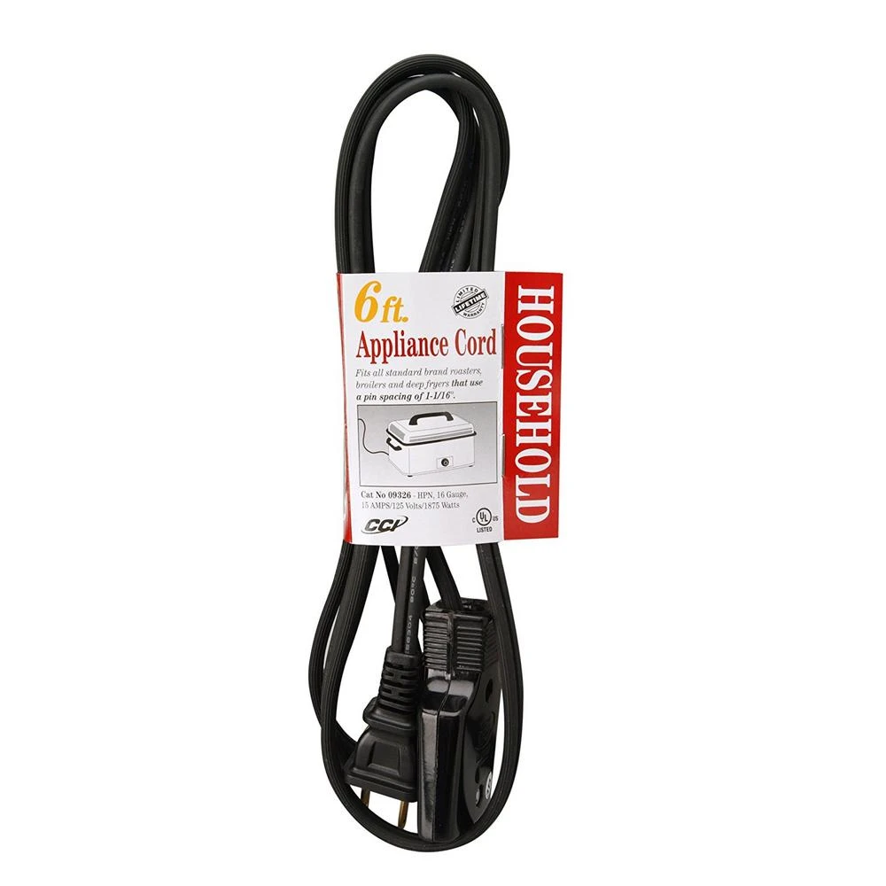 Roaster Broiler Appliance Power Cord 16 Gauge 2 Conductor High-Heat Black 6 Feet