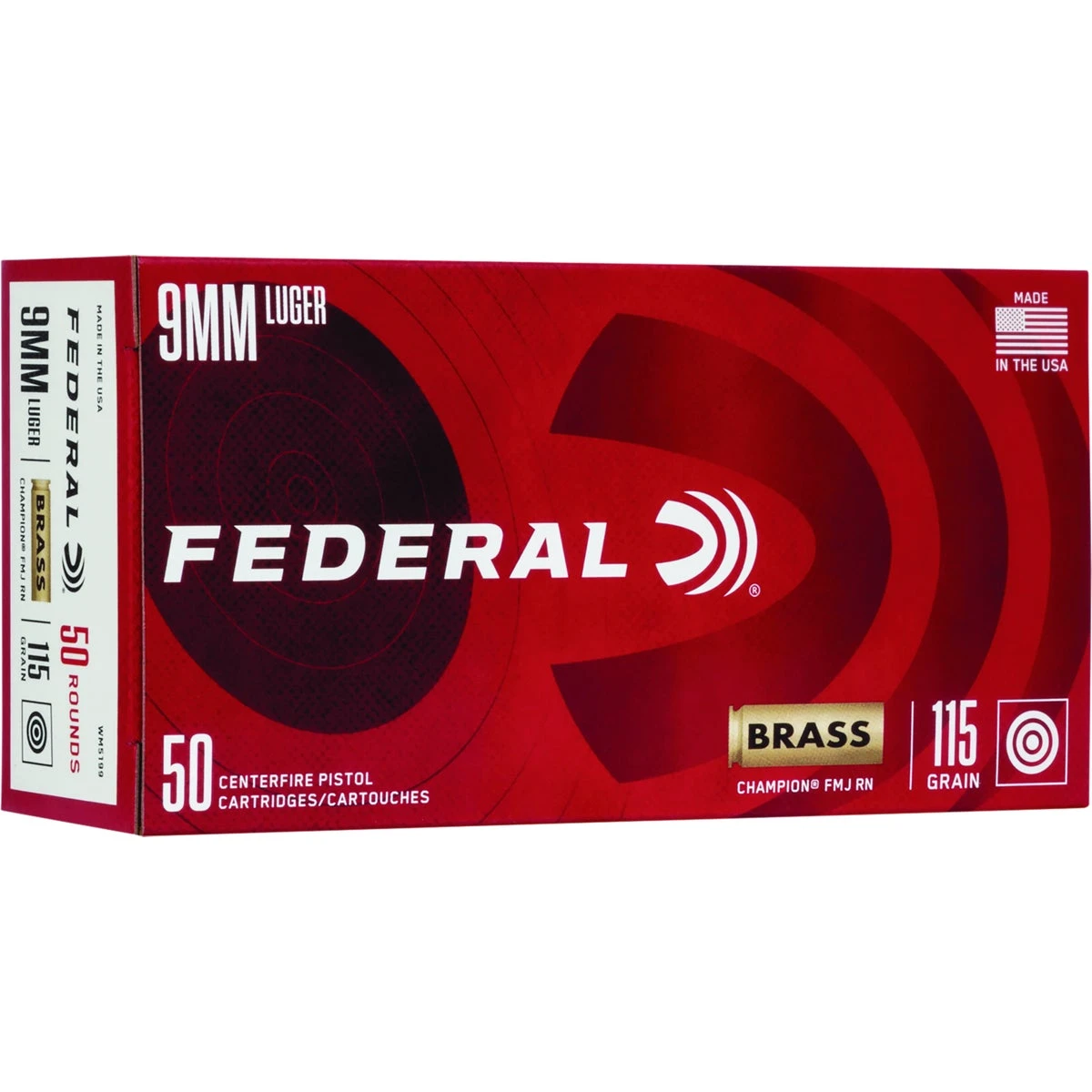 9mm Luger 115 Grain Fmj Rn Brass Centerfire Ammunition Cartridges - 50 Rounds
