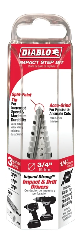 Step Drill Bit with Nine Steps, Sizes Three Eighths Inch to Three Quarters Inch