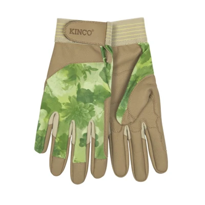 Pro Work Gloves for Women, Medium Size, Synthetic Leather Palm, Green Print Polyester and Lycra Back