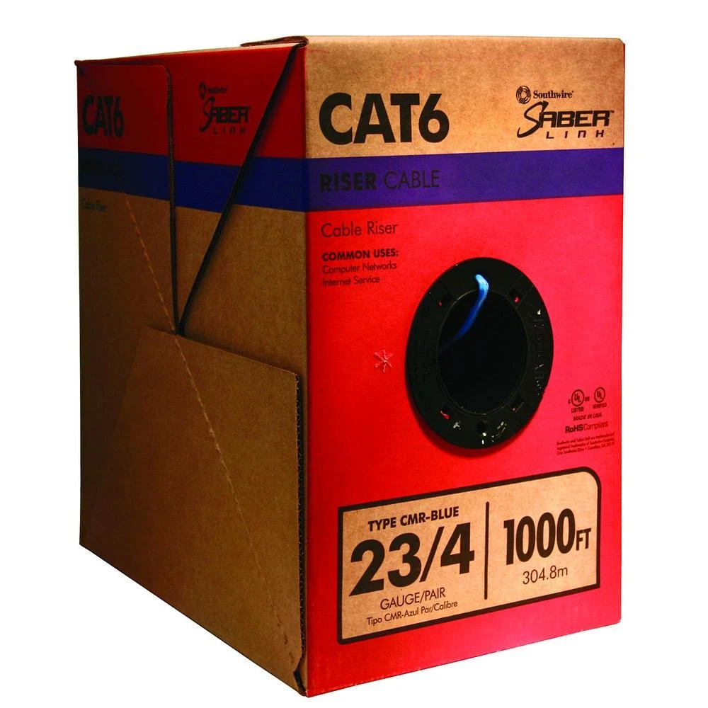 1000 Ft. Cat 6 Solid Bare Copper Wire, 23 Gauge, 4-pair, Cmr