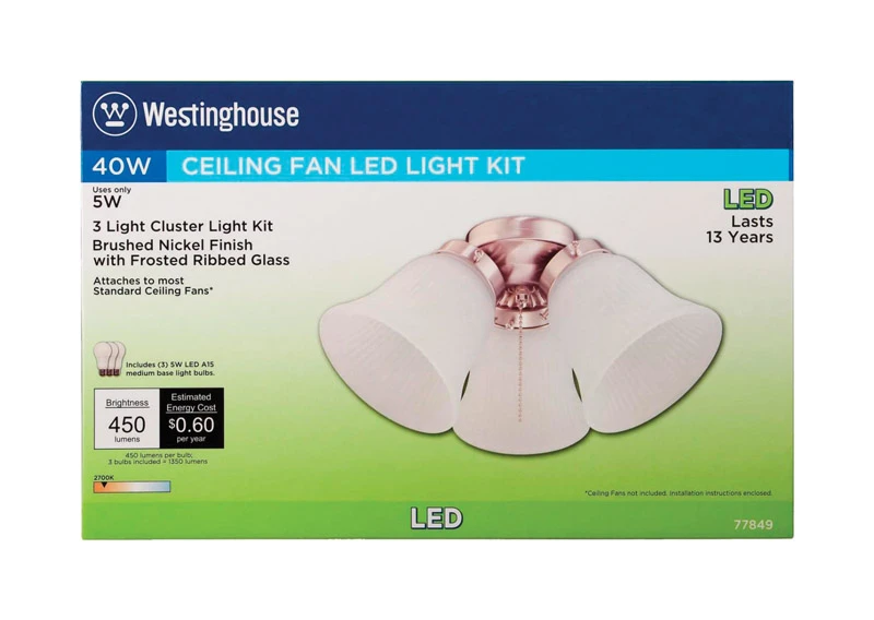 LED Ceiling Fan Light Kit in Brushed Nickel Finish with Frosted Ribbed Glass Shade