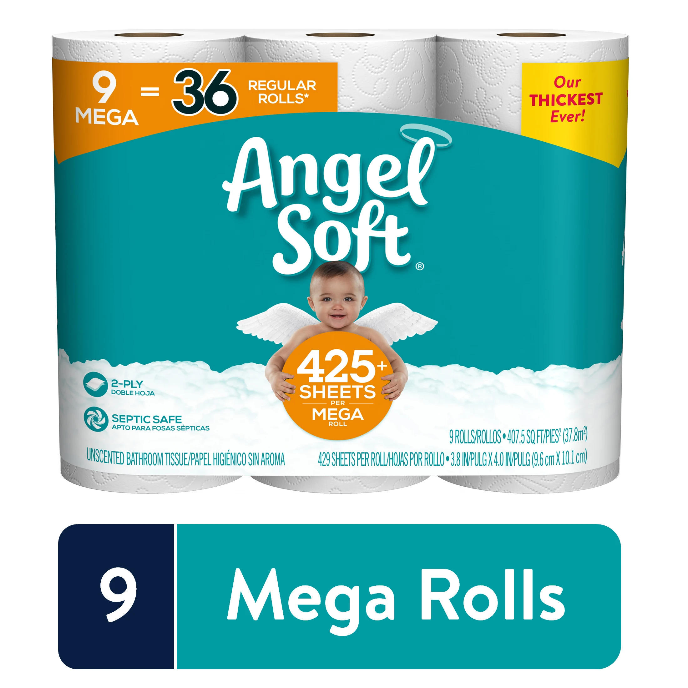Toilet Paper, 9 Mega Rolls, 429 Sheets Each, 45 Feet Long