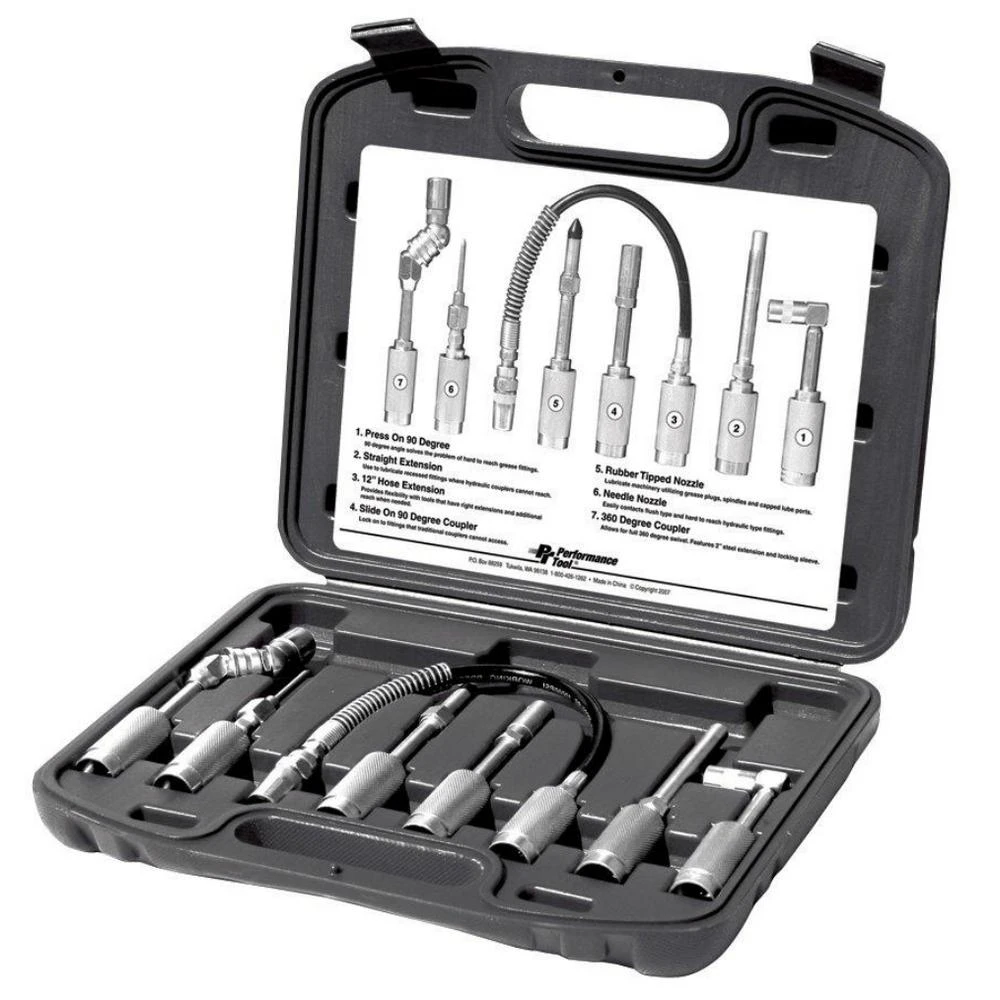 Seven-Piece Grease Gun Accessory Kit with Couplers, Fittings, and Connectors