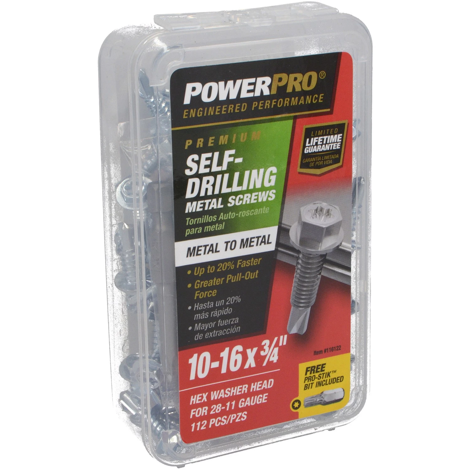 Powerpro Metal Screws, Self-Drilling, Hex Washer Head, #10-16 x 3/4 In., 112-Ct.