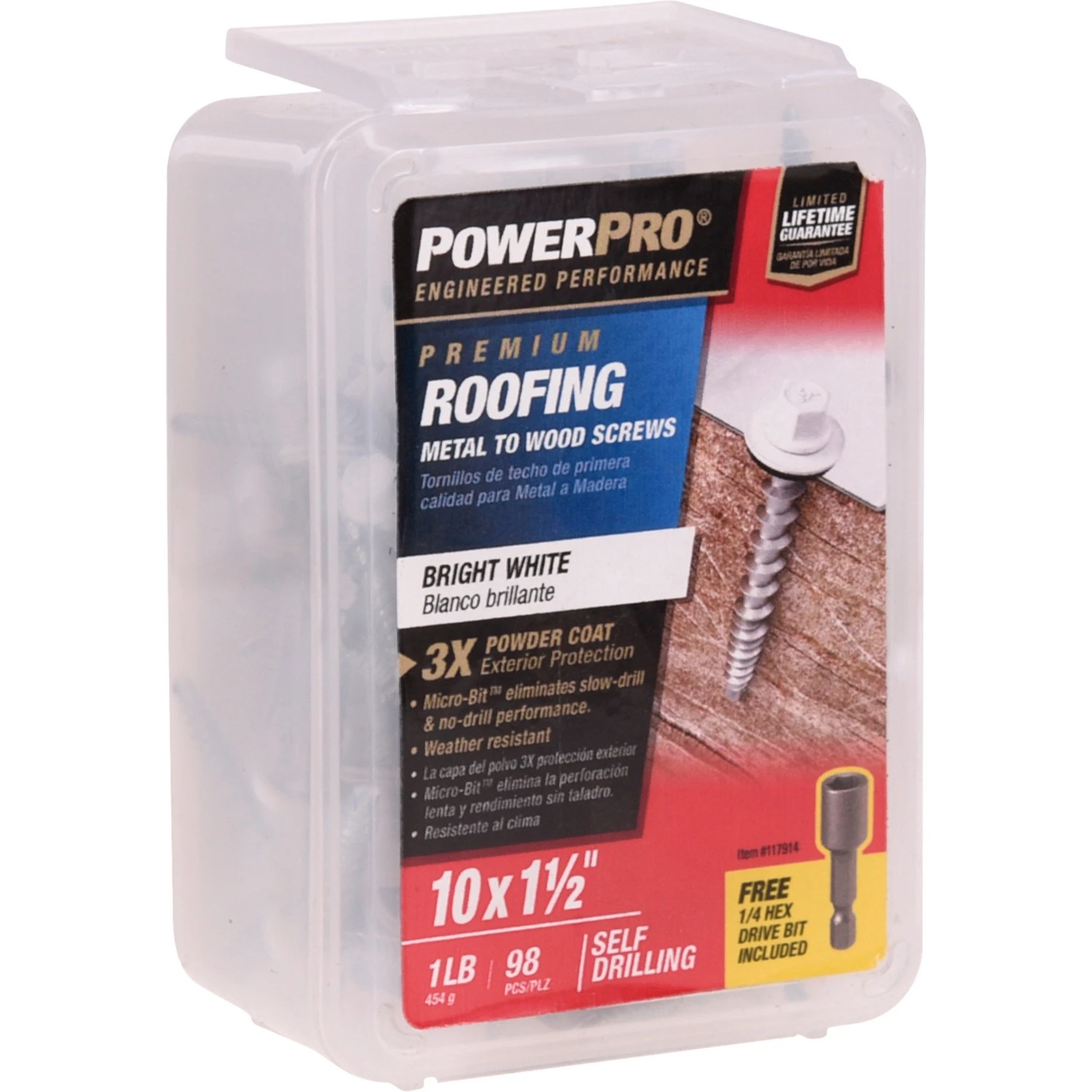 Powerpro Self Drilling Roofing Screws, Metal To Wood, White, #10 x 1.5 In., 1 Lb.