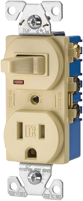 15 Amp Tamper Resistant Combination Toggle Switch And Receptacle, Ivory, Model Tr274v