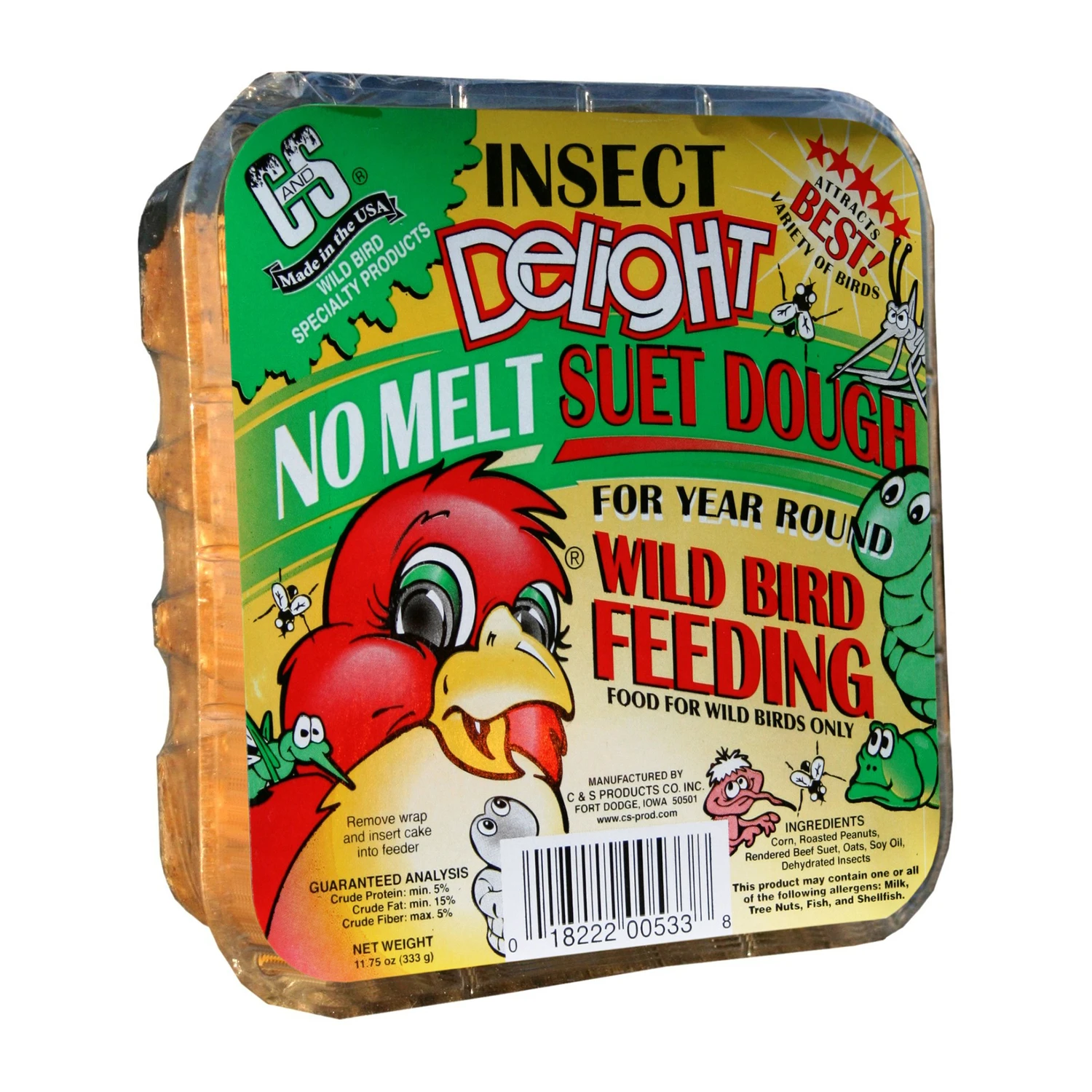 Premium Insect Delight Beef Suet for Backyard Birds – Assorted Species, 11.75 oz Cake