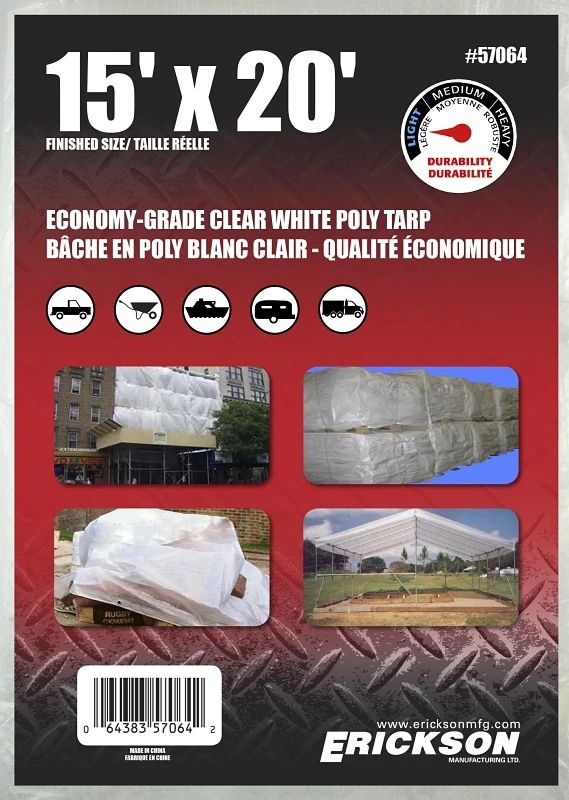57064 Clear White Economy Grade Poly Tarp, 15' X 20', 1 Pk