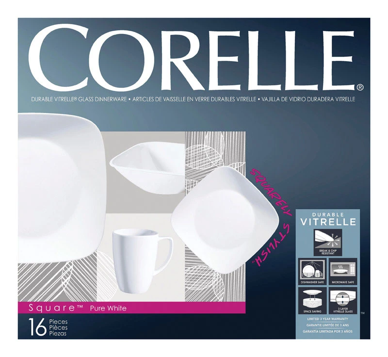 Pure White Square Dinnerware Set 16 Pieces - Microwave & Dishwasher Safe