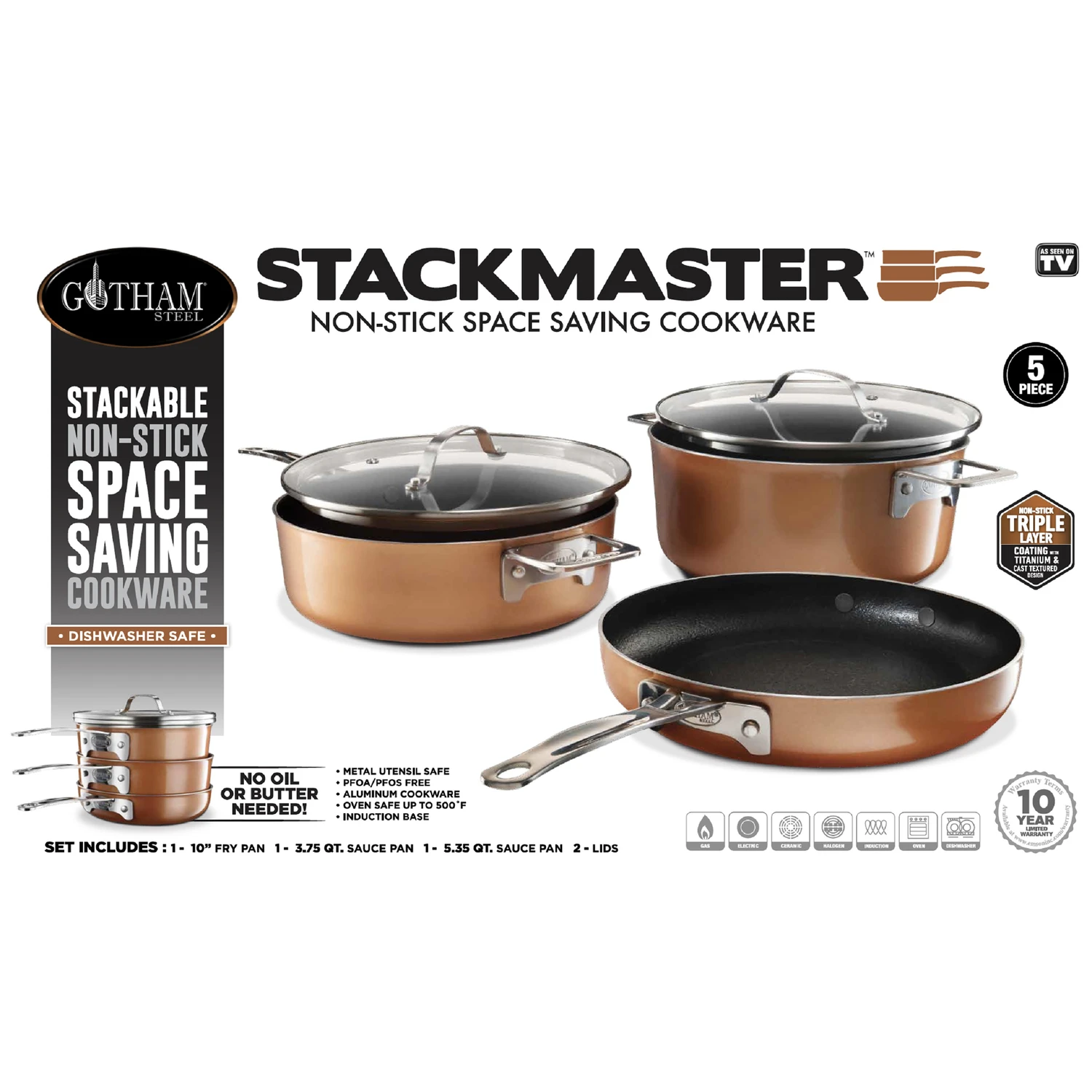 Stackmaster 5-piece Copper Aluminum Fry Pan Set With Nonstick Coating