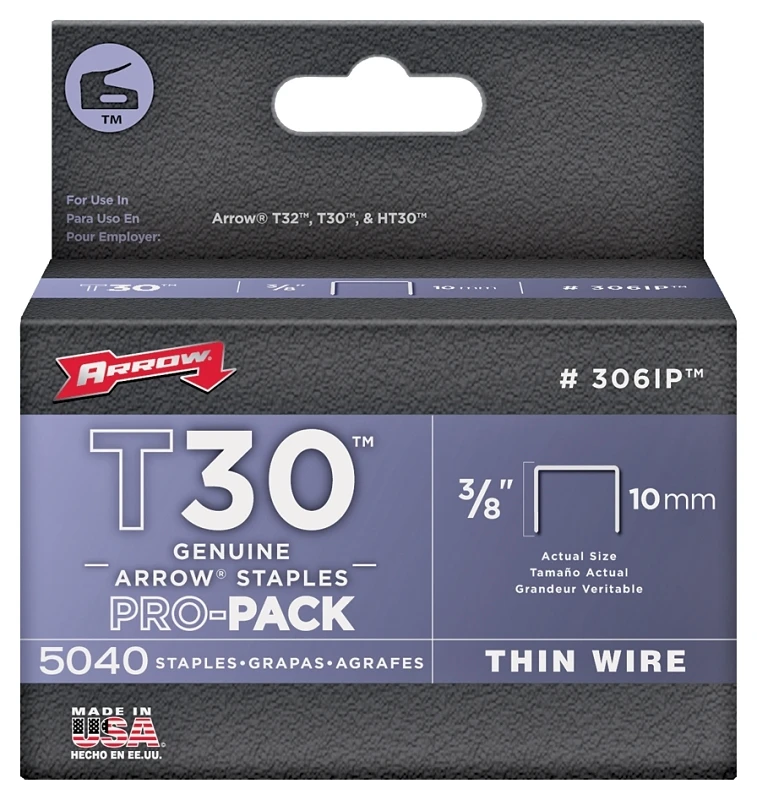 T30 3/8 In. L X 3/8 In. W Flat Crown Staples 5000 Pk, Model 306ip