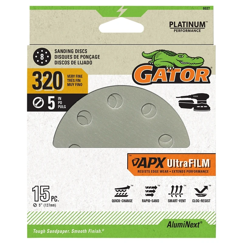 APX Ultrafilm Sanding Discs, Hook & Loop, 320 Grit, 5 In., 15-Pk.