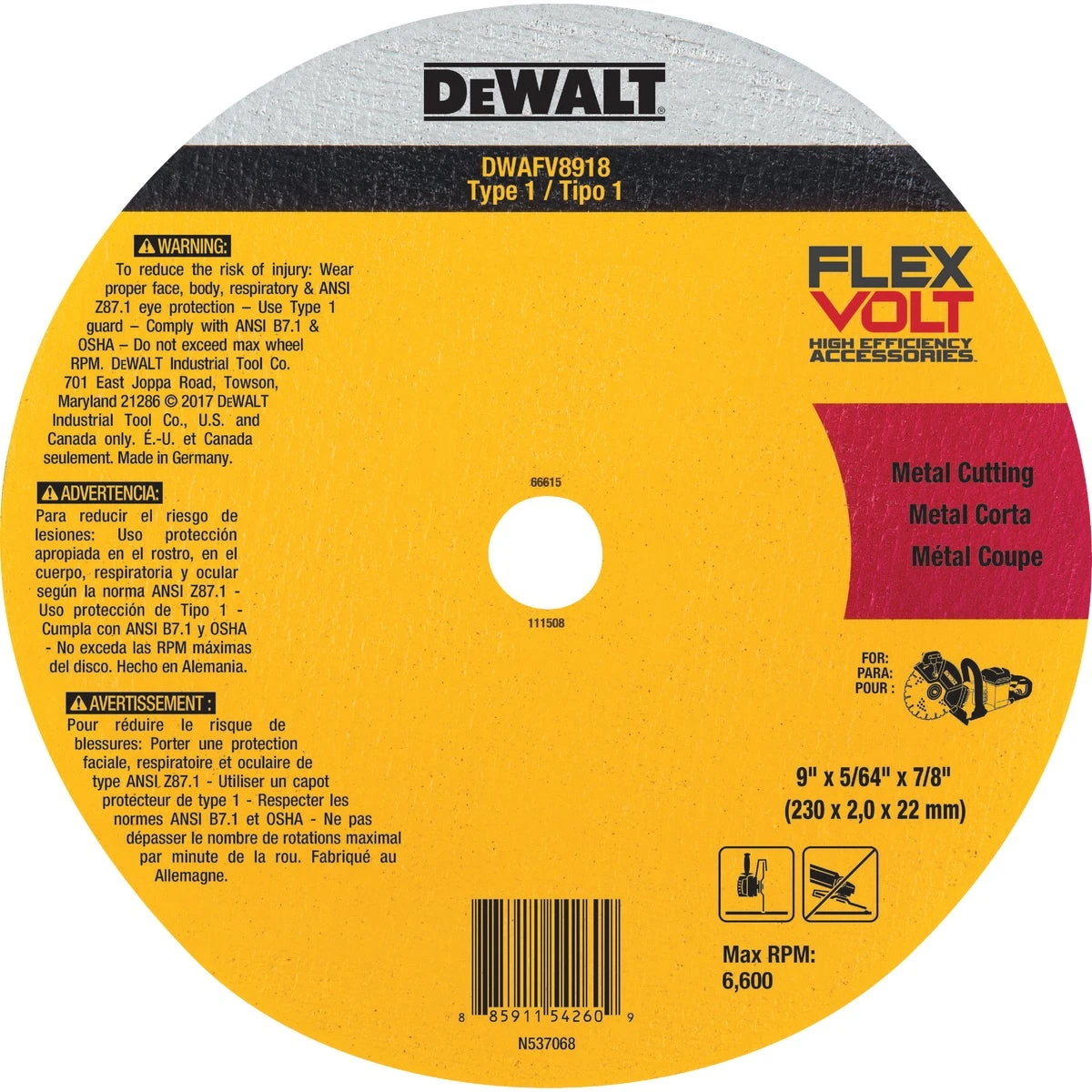 Flexvolt Type 1 9 In. Ceramic Metal Cut-off Wheel Dwafv8918