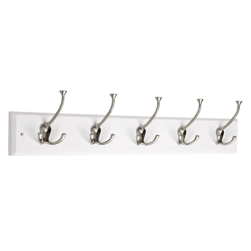 27-inch White Tri-hook Rail With 5 Satin Nickel Hooks For Versatile Storage