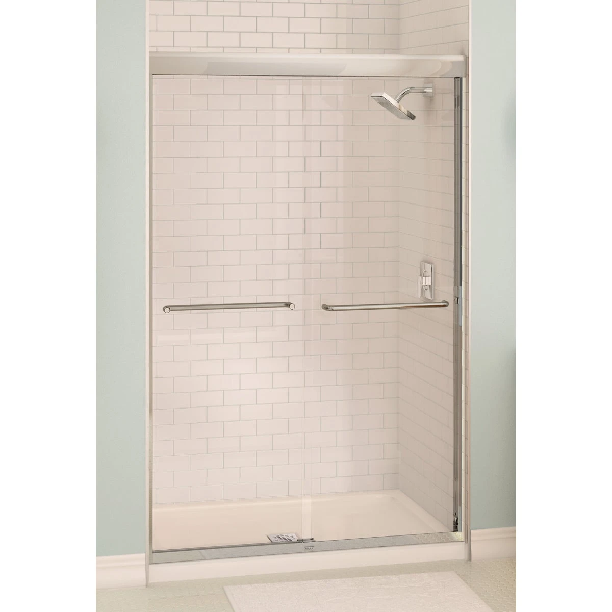 Aura 48 In. W. X 71 In. H. Brushed Nickel Frameless Clear Glass Sliding Alcove Shower Door
