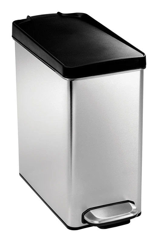 10-Liter Brushed Stainless Steel Slim Profile Step-On Trash Can with Black Plastic Lid