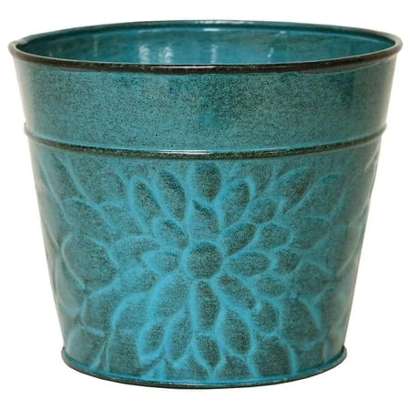 Laurel Planter in Lagoon Green Embossed Sheet Metal, 8 Inches High