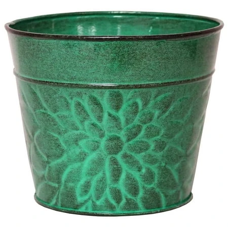 Laurel Planter in Aqua Blue Embossed Sheet Metal, 8 Inches High