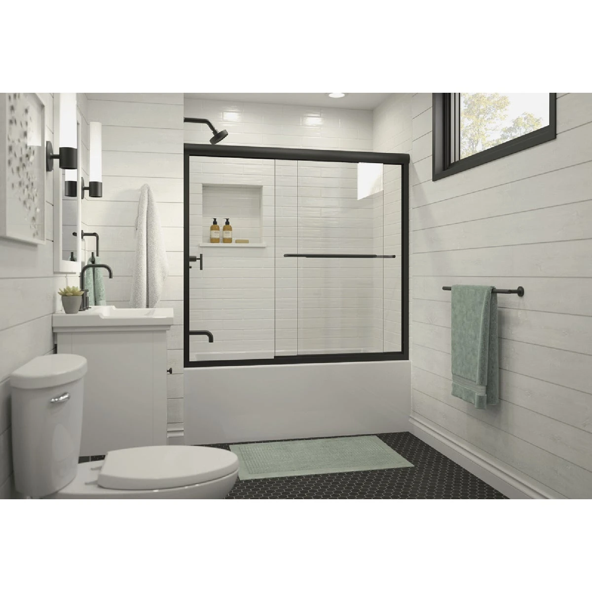 59-5/8 In. W X 55-1/2 In. H Matte Black Frameless Sliding Tub Door