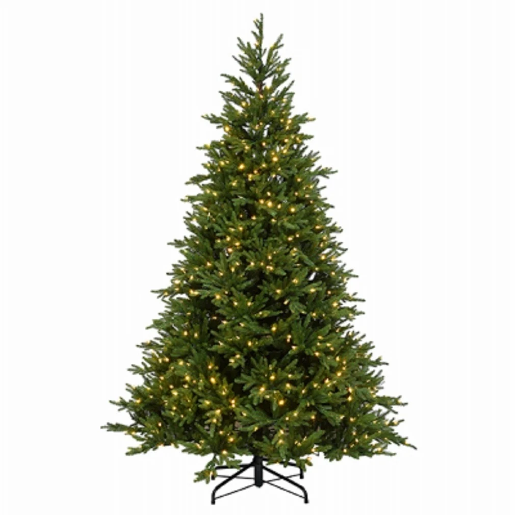 Feel Real Artificial Pre-Lit Huron Spruce Christmas Tree, Hinged Branches, 600 Clear Lights, 7.5 Feet Tall