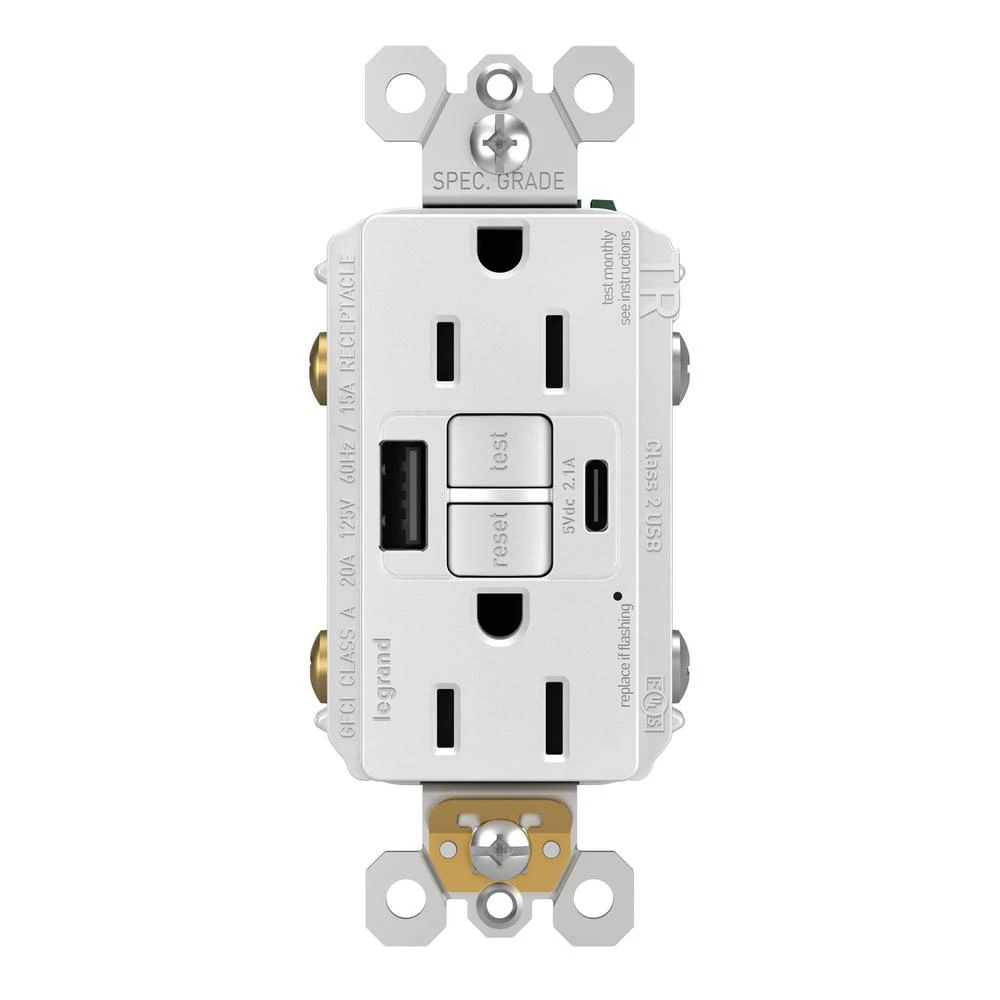 Radiant 15a Tamper-resistant Self-test Gfci Usb Type-a/c Outlet, White