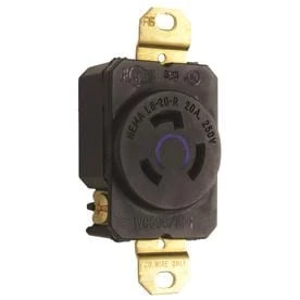 Pass and Seymour Locking Electrical Outlet, NEMA L6-20 Receptacle, 250 Volt, Black Finish