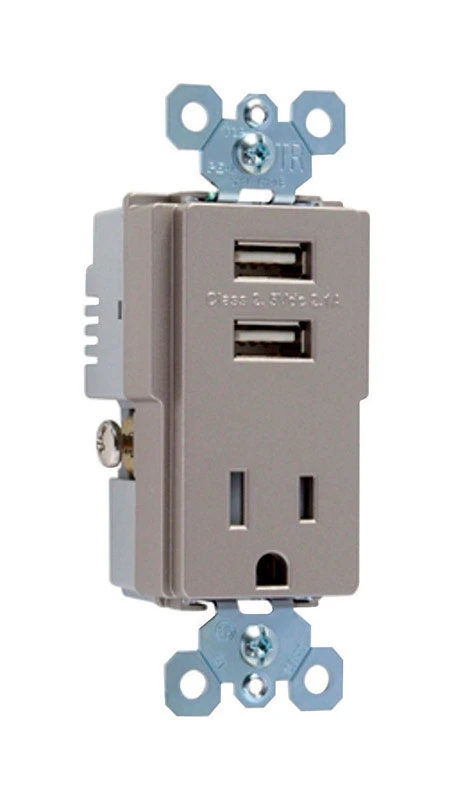 Pass & Seymour Combo USB Charger With Duplex Receptacle, Nickel, 15-Amp