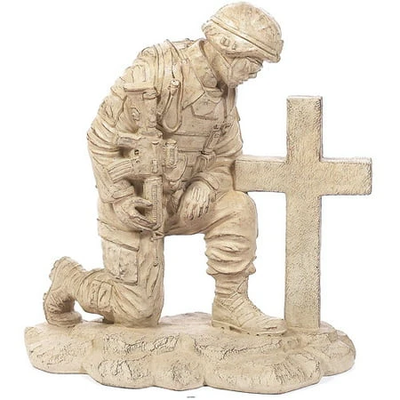 Kneeling Soldier At Cross Concrete Garden Statue - Desert Sand Brown