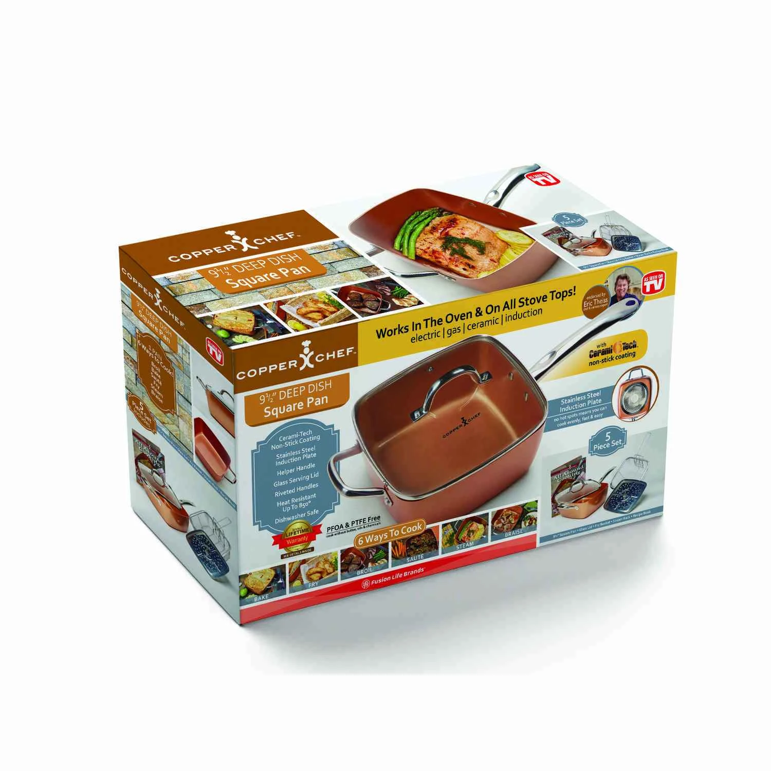 Copper Chef 5-piece Pan Set With Glass Lid, Fry Basket, And Steam Rack