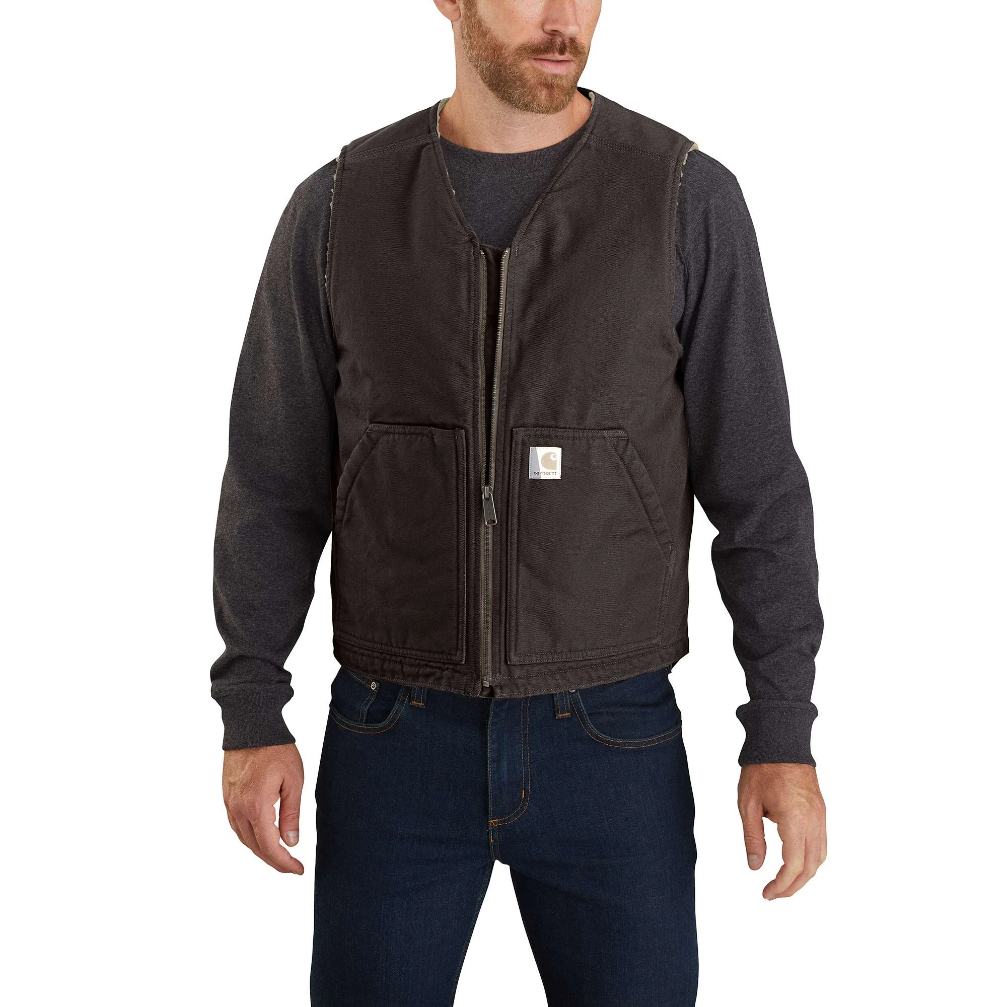 Men's Relaxed Fit Washed Duck Sherpa-lined Vest - Large Regular - Dark Brown