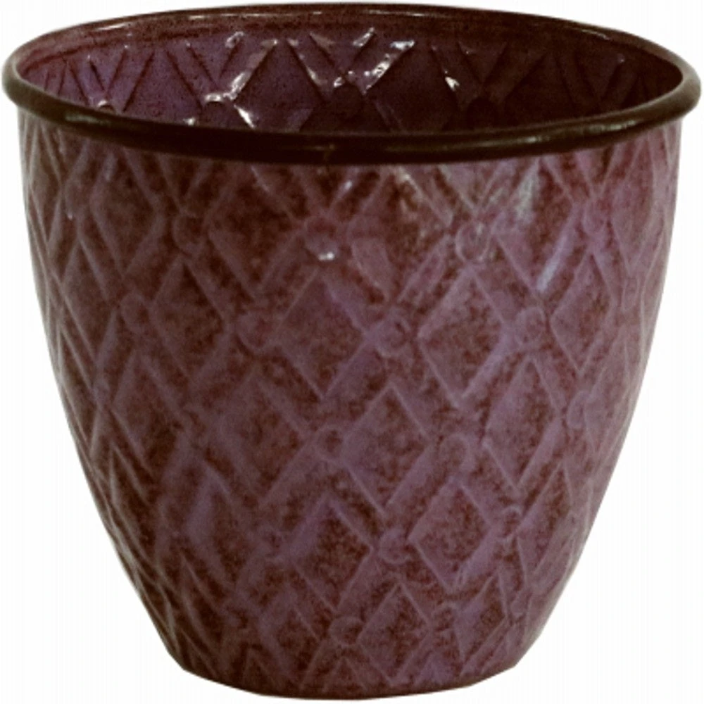Ironstone Metal Planter with Diamond Pattern, Plum Color, 5 Inch Diameter