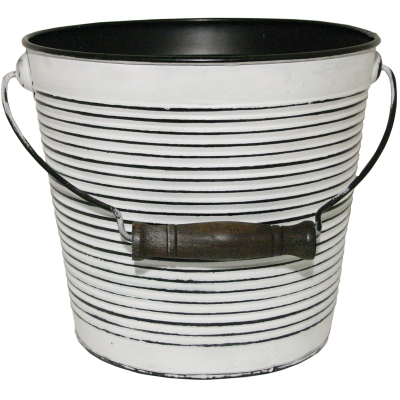 Vintage 10 In. Rustic White Banded Galvanized Metal Planter With Handle