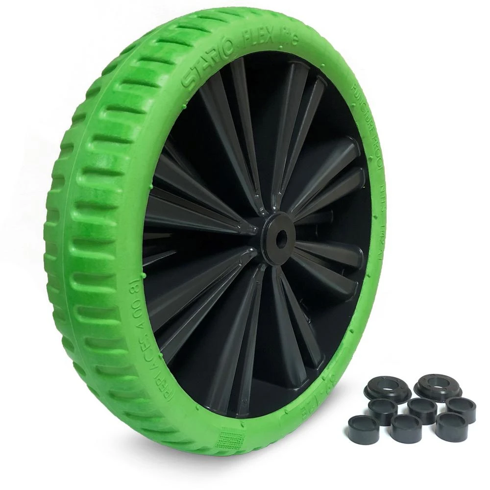 Flex Lite 15 In. Flat Free Wheelbarrow Wheel, Universal Fit, Green Tire