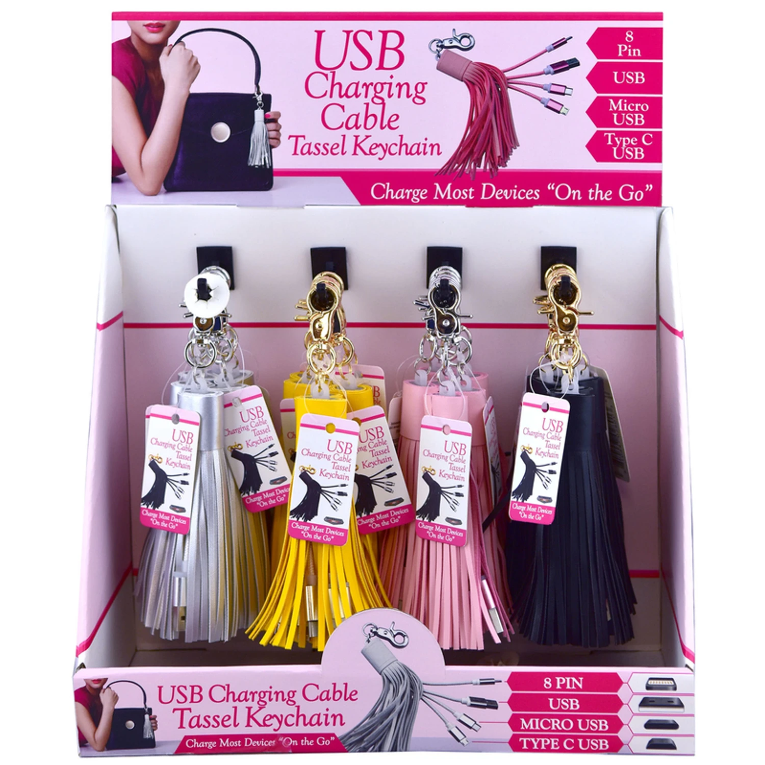 USB Charging Cable Tassel Keychain, Assorted Colors
