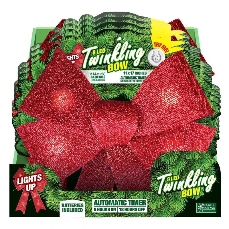 Led Twinkling Bow 17 In. Hanging Decor With Timer And 8 Lights