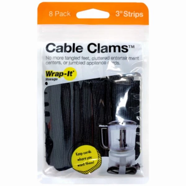 Cable Clams Hook & Loop Cord Holders, Black, 3 In., 8-Pk.