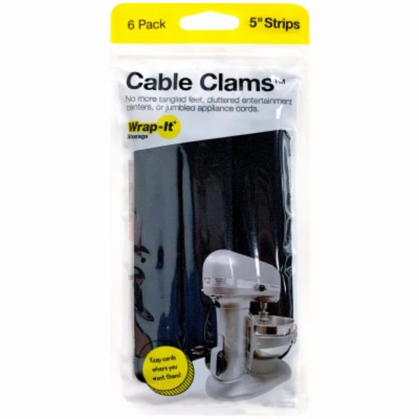 Cable Clams Hook & Loop Cord Holders, Black, 5 In., 6-Pk.