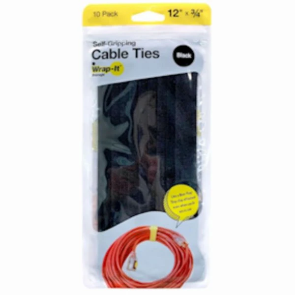 Self-Gripping Cable Ties, Reusable, Black, 3/4 x 12 In., 10-Pk.