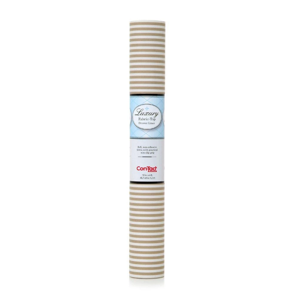 Shelf Liner with Non-Slip Fabric Backing, Tan Pajama Stripe Pattern, 18 Inches by 4 Feet
