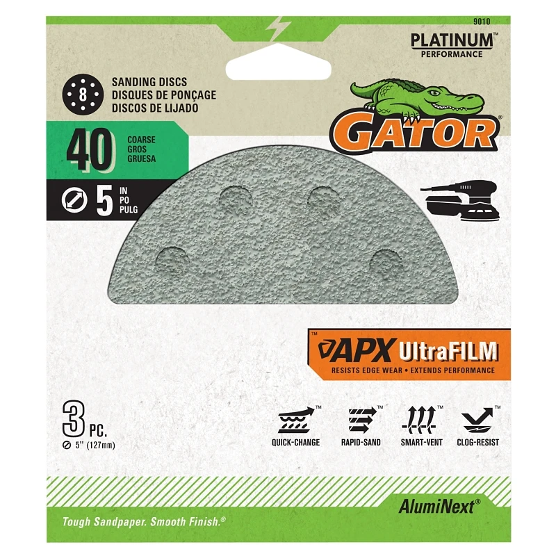 Gator Blade 5 In. 40-Grit 8-Hole Pattern Vented Sanding Disc with Hook & Loop Backing (3-Pack)