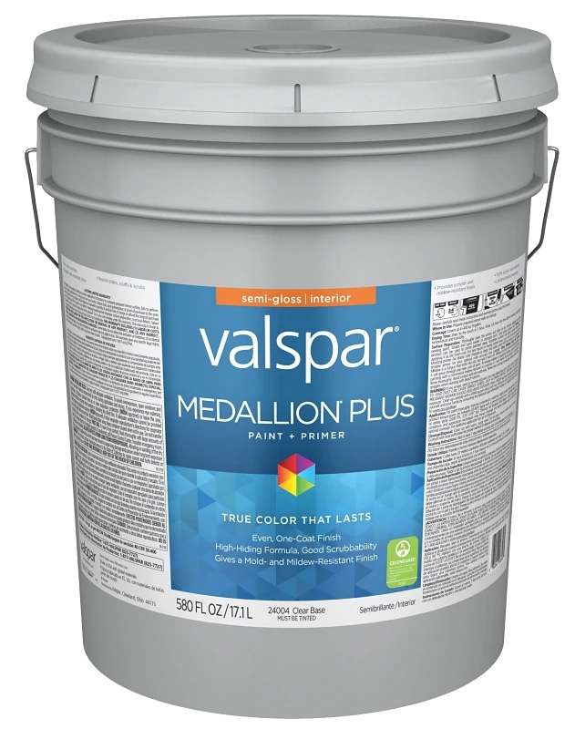 Premium Interior Semi-gloss Paint & Primer, Clear Base, 5 Gallon