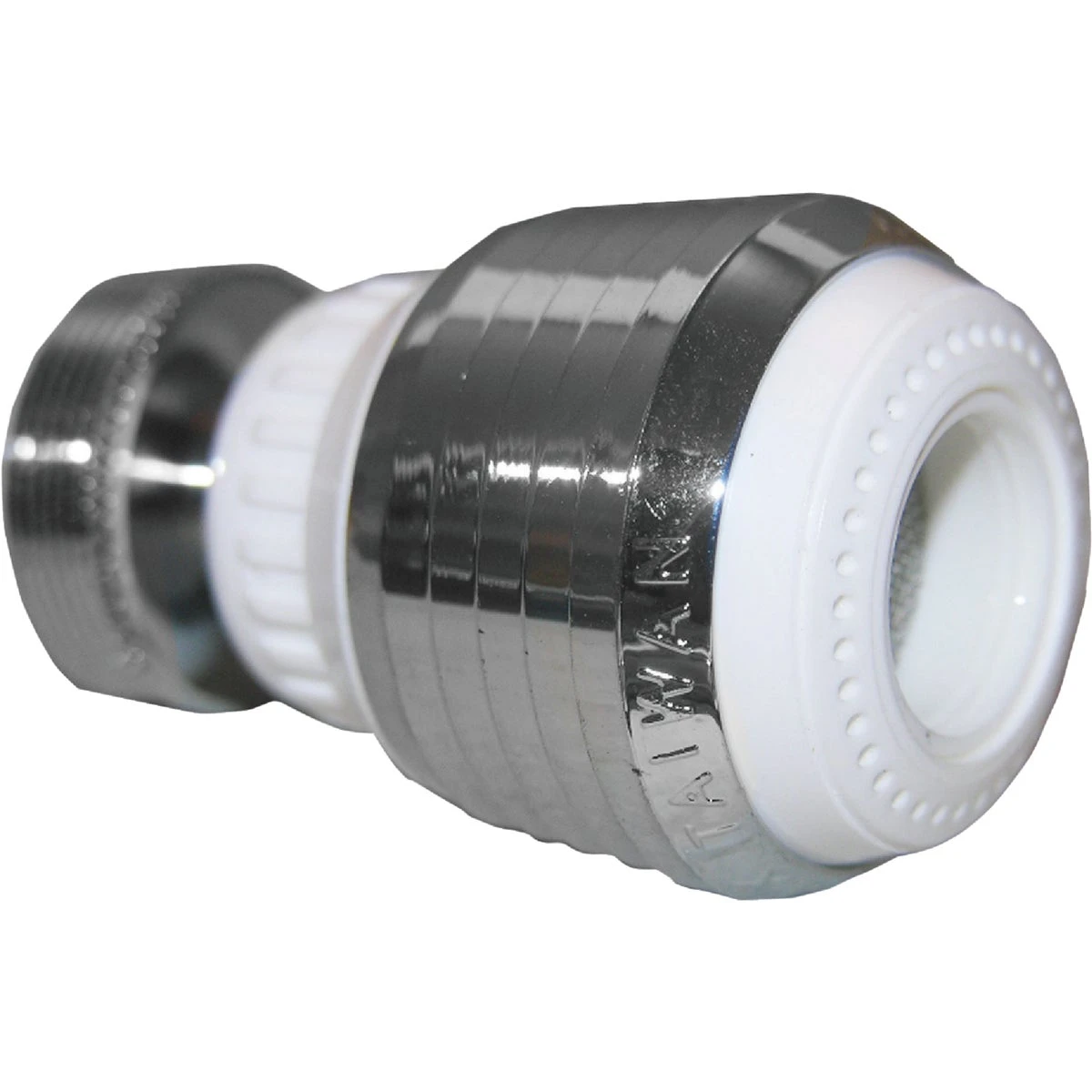 Swivel Spray Aerator with Dual Thread, Chrome and White Finish, 55/64 Inch by 27 Female Thread by 15/16 Inch Male Thread