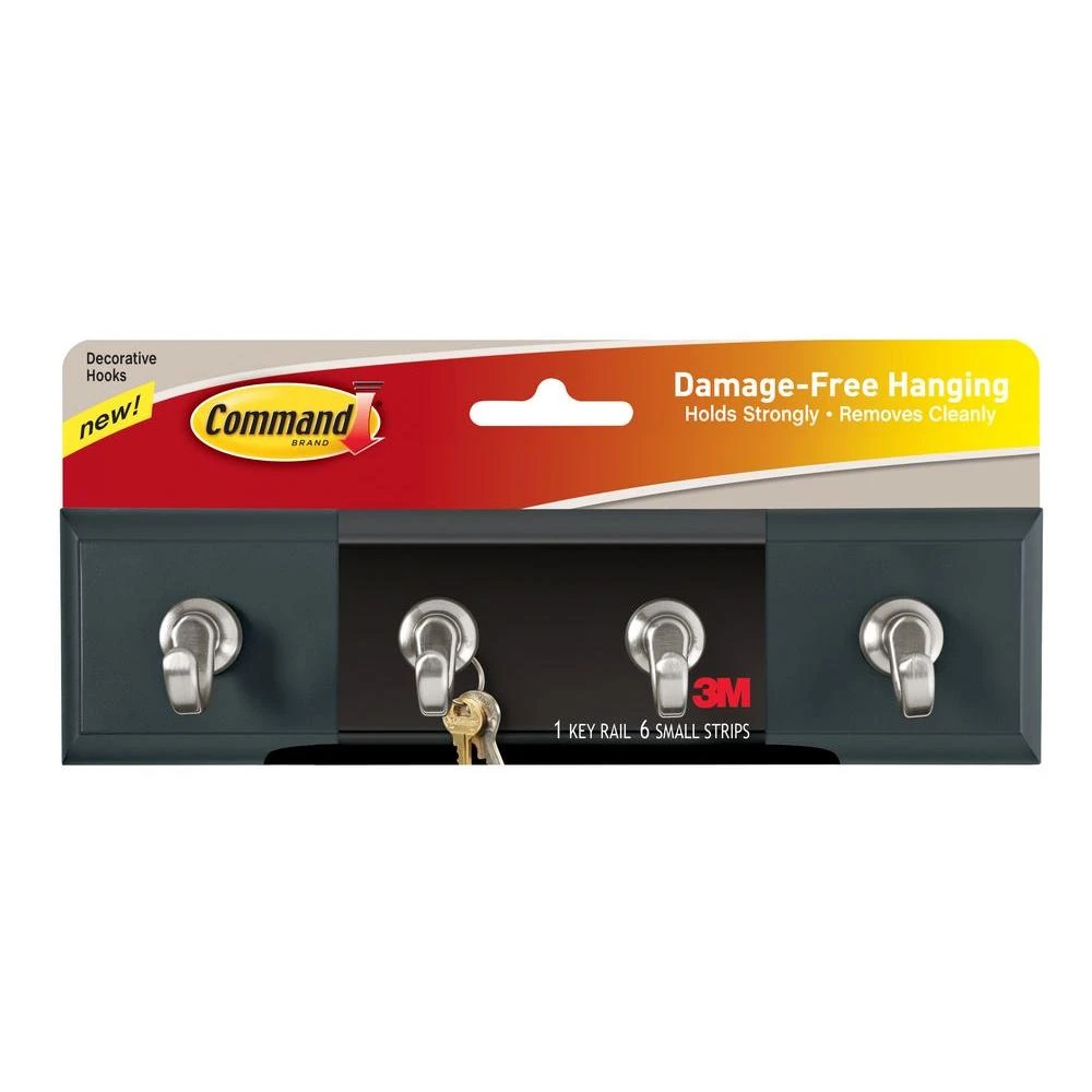 Adhesive Key Hook Rail, Slate Color, 8 X 2-1/8 X 1-1/2-inches With 6 Hooks