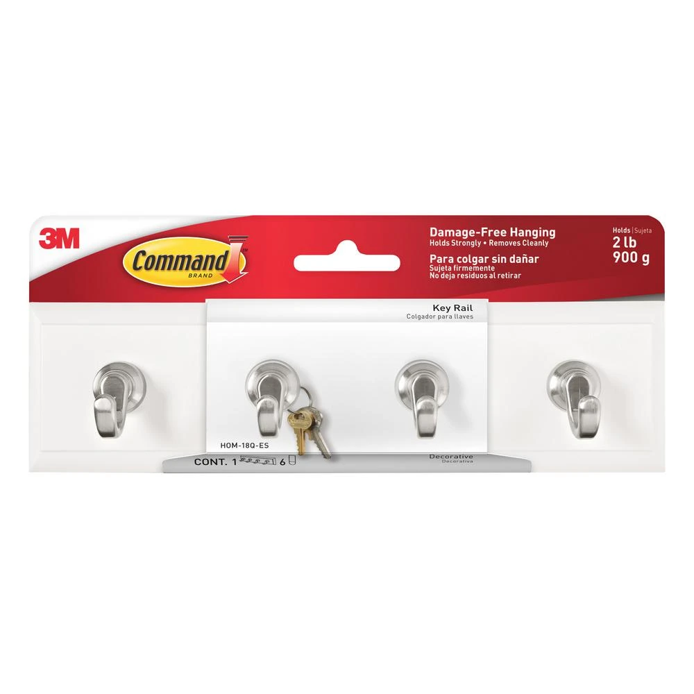 Adhesive Key Hook Rail, Quartz Color, 8 X 2-1/8 X 1-1/2-inches With Decorative Hooks