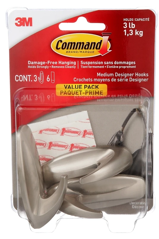 Medium Brushed Nickel Designer Hook With Command Strips - Model 17081bn-3es
