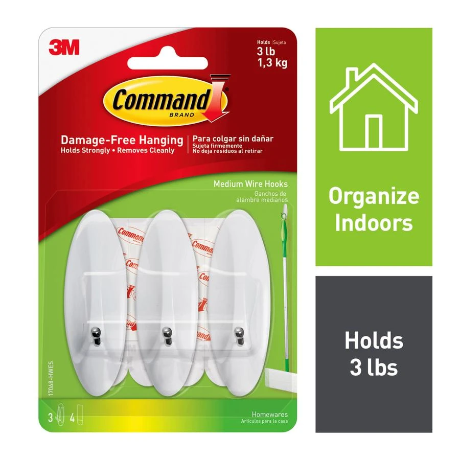 Wire Hooks, Medium, White, 3-Pk.