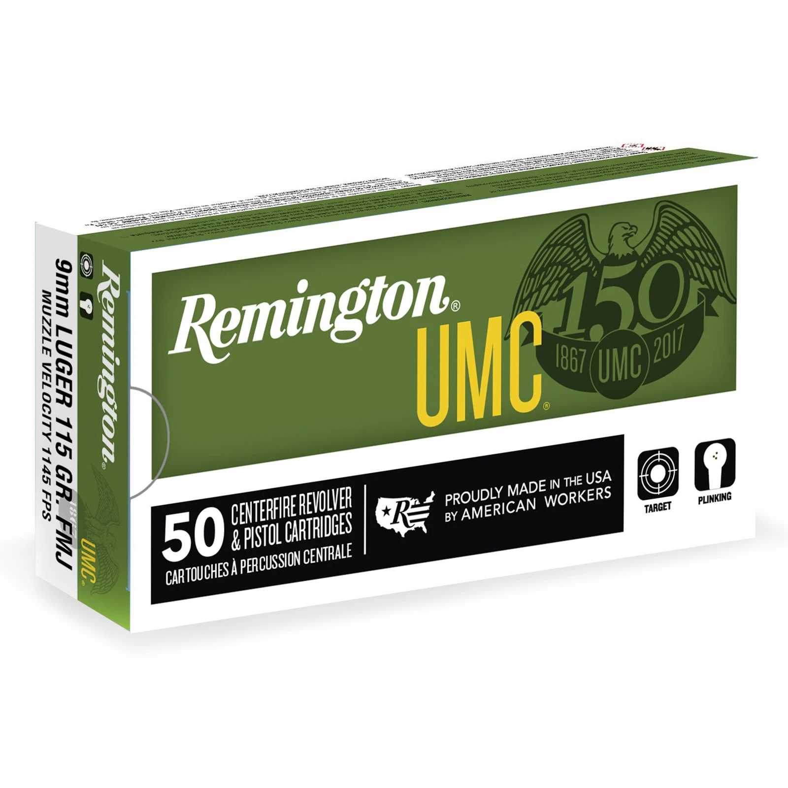 Umc Handgun Ammunition, 9mm Luger, 147 Grain Full Metal Jacket, 50 Rounds